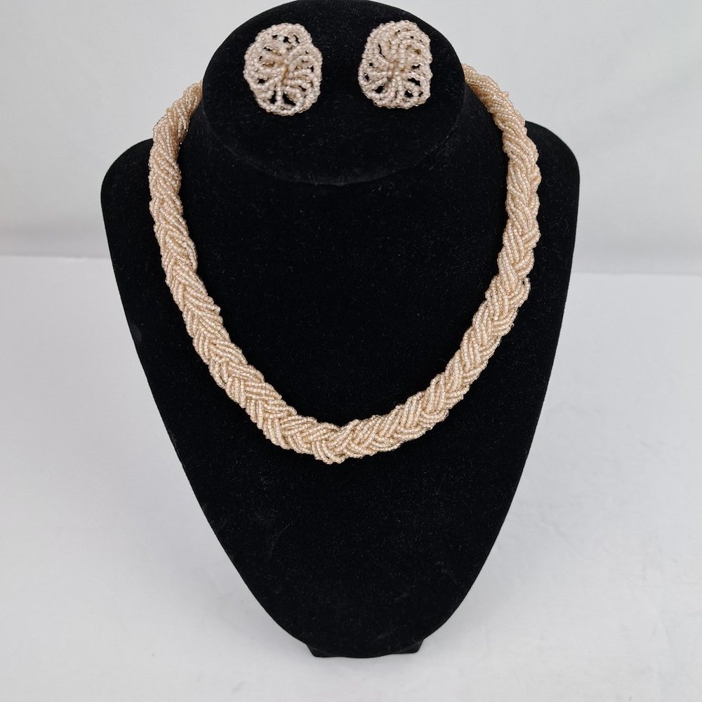 Vintage Seed Bead Multi Strand Necklace and Screw Back Earring Set